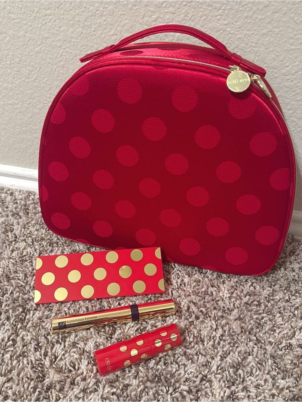 Estee Lauder Red Polka Dot Makeup Case with 3x Makeup Products